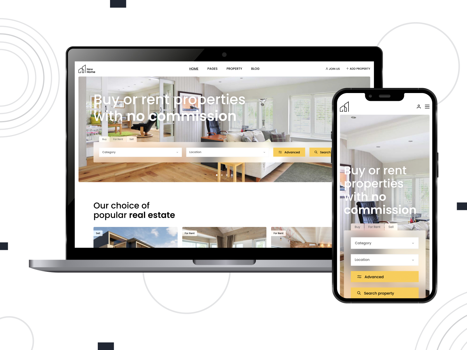 Snapshot of NewHome, an elegant & clean Elementor theme for real estate agents with 11 property listing types in gold, white, and lightslategray pigment scheme.