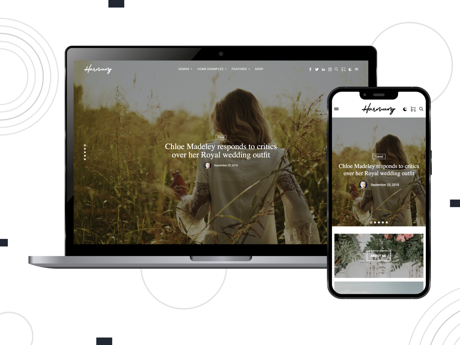 Illustration of Harmuny - multipurpose & responsive theme for bloggers and authors with a variety of headers in white, darkseagreen, and black pigment selection.