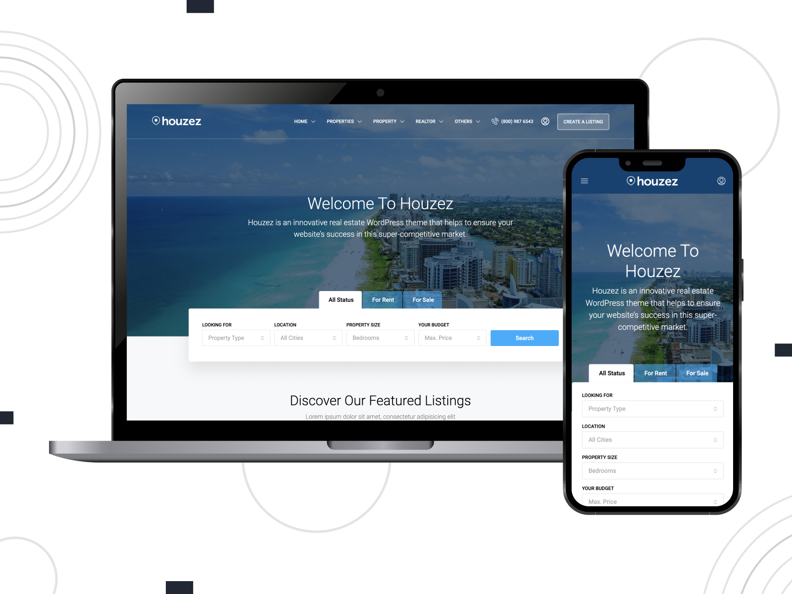 View of Houzez, a feature-rich & accessible Elementor theme for real estate business with a powerful admin panel in navy, white, and lightslategray color configuration.