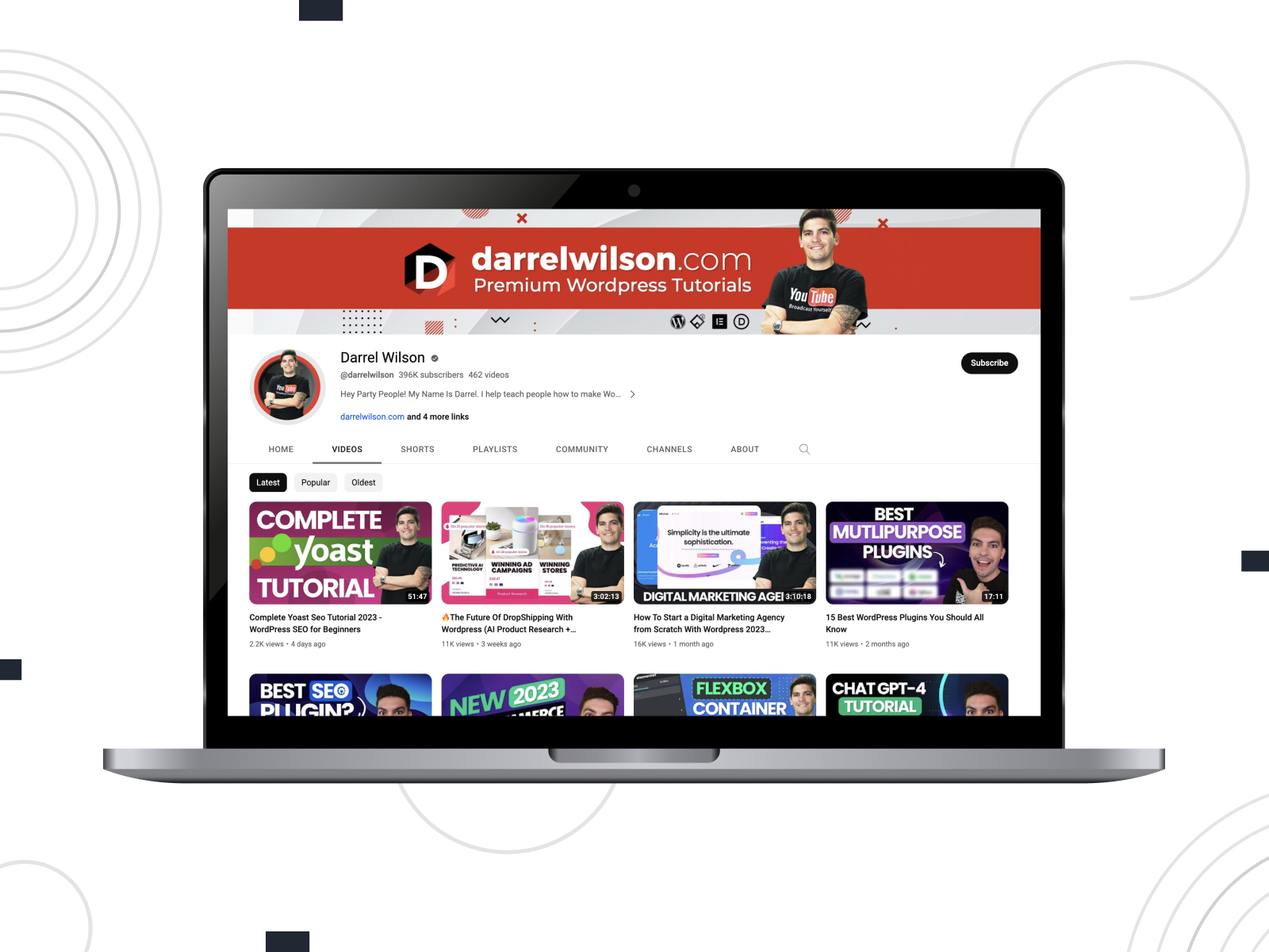Visual of Darrel Wilson, a notable WordPress influencer, whose channel delivers tutorials and even whole online courses for viewers looking for WordPress and eCommerce tips.