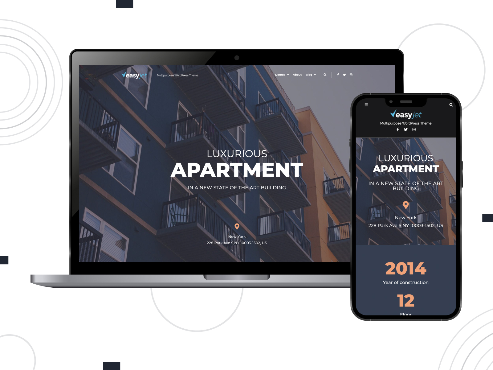 Picture of EasyJet, SEO-friendly & mobile-ready Elementor theme for real estate with 9 JetPlugins in royalblue, peru, black, and white chromatic scheme.