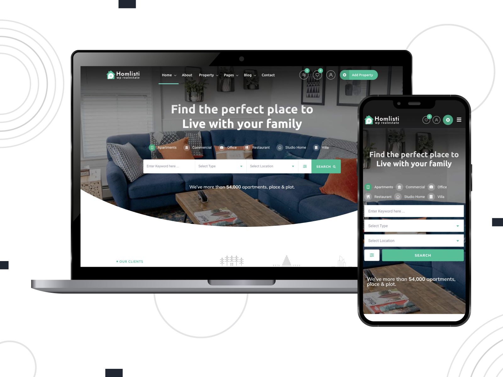 Graphic of Homlisti, a modern & adaptable Elementor WordPress theme for real estate with unlimited custom fields in mediumseagreen, white, lightgray, and black hue arrangement.