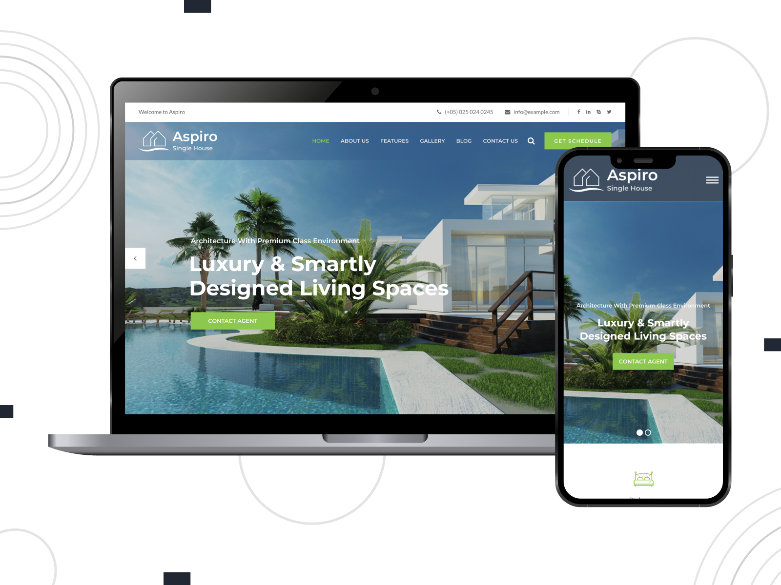 Representation of Aspiro, a professional & engaging Elementor theme for real estate with advanced typography options in black, white, lightsteelblue, and limegreen spectrum arrangement.