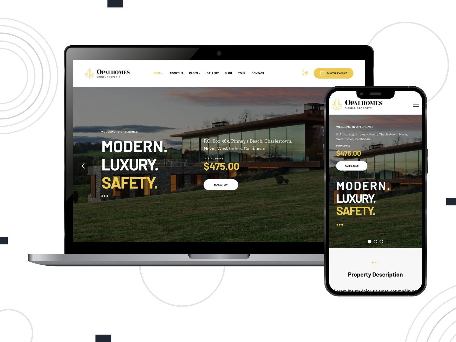 Visual of Opalhomes, a mobile-friendly & robust Elementor theme for real estate business with content-rich gallery & blog pages in goldenrod, white, and black pigment scheme.