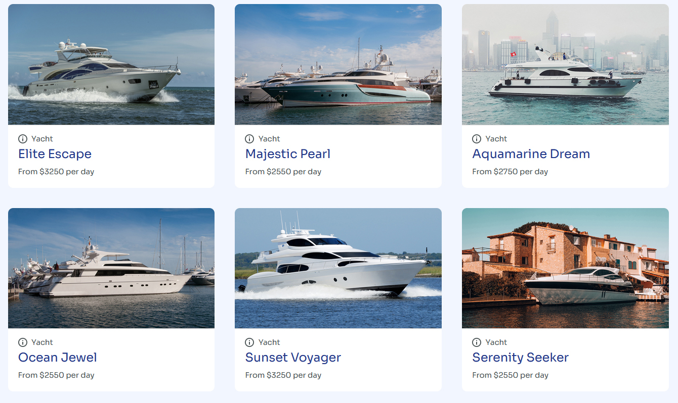Photo of various yachts with their rental prices listed.