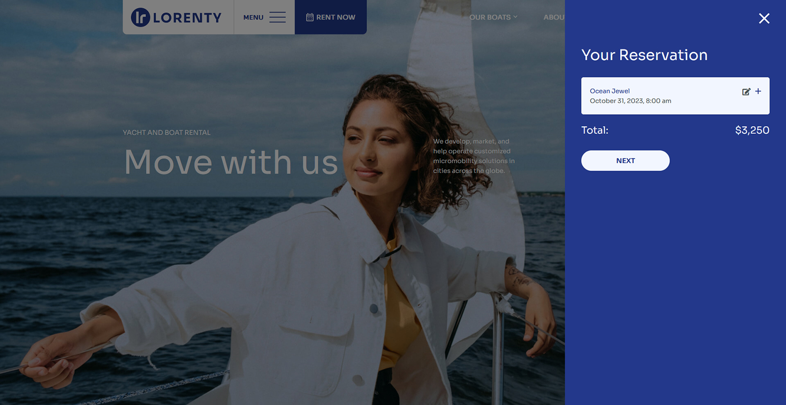 Rendering of the boat charter booking functionality featured in the Lorenty WordPress theme for those learning how to start a boat charter business.
