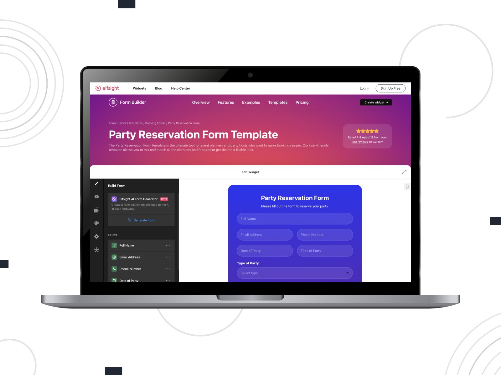 Image of party reservation form template by Elfsight.