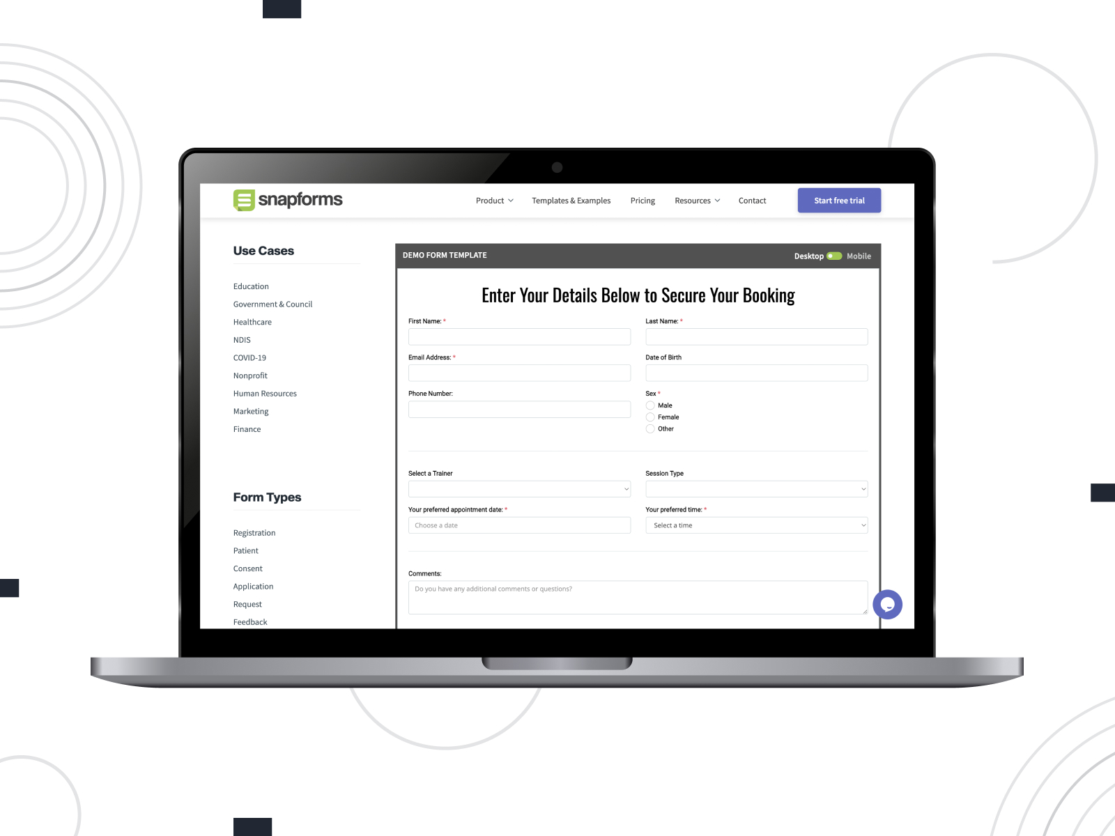 Picture of personal trainer booking form template by Snapforms.