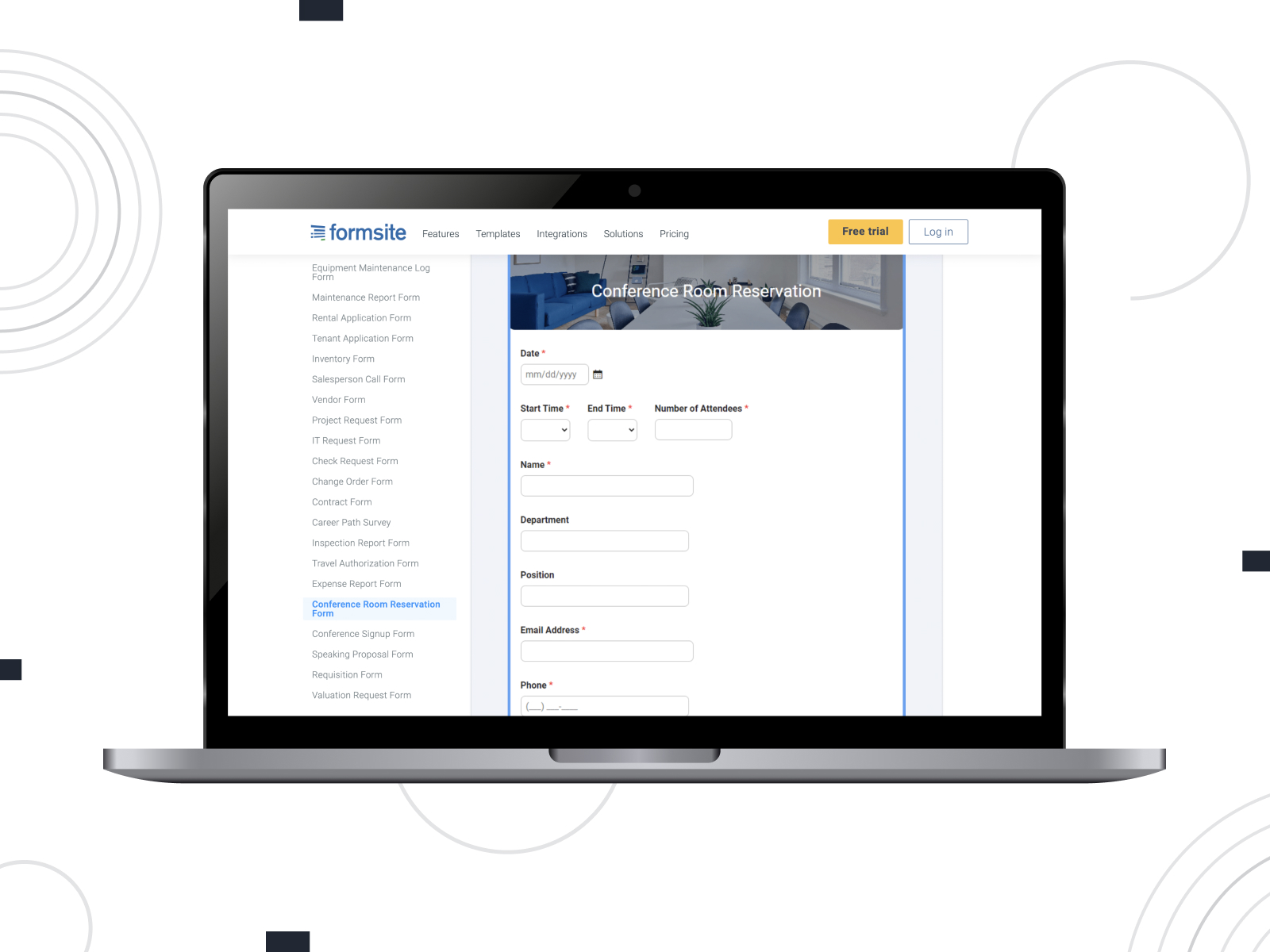 Rendering of conference room reservation form template by Formsite.