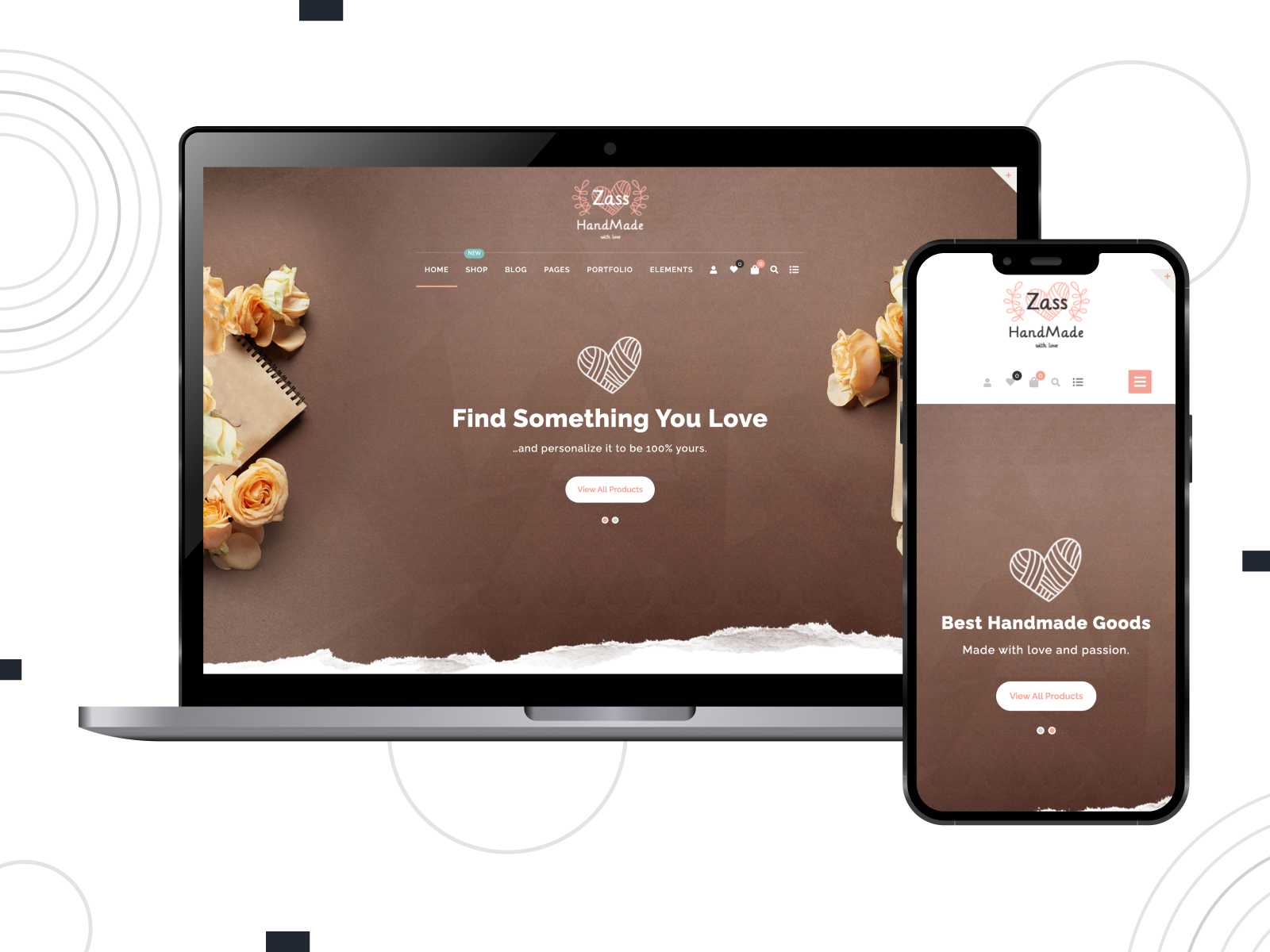 Photograph of Zass, a customizable WordPress theme for handmade stores with a multi-vendor marketplace in lightsalmon, white, and darkgray colorway.