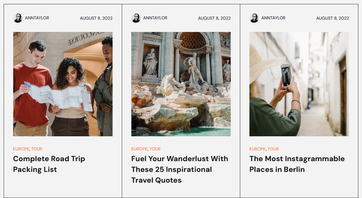 Graphic of blog posts that may be featured on your travel agency website using the Touriny theme.