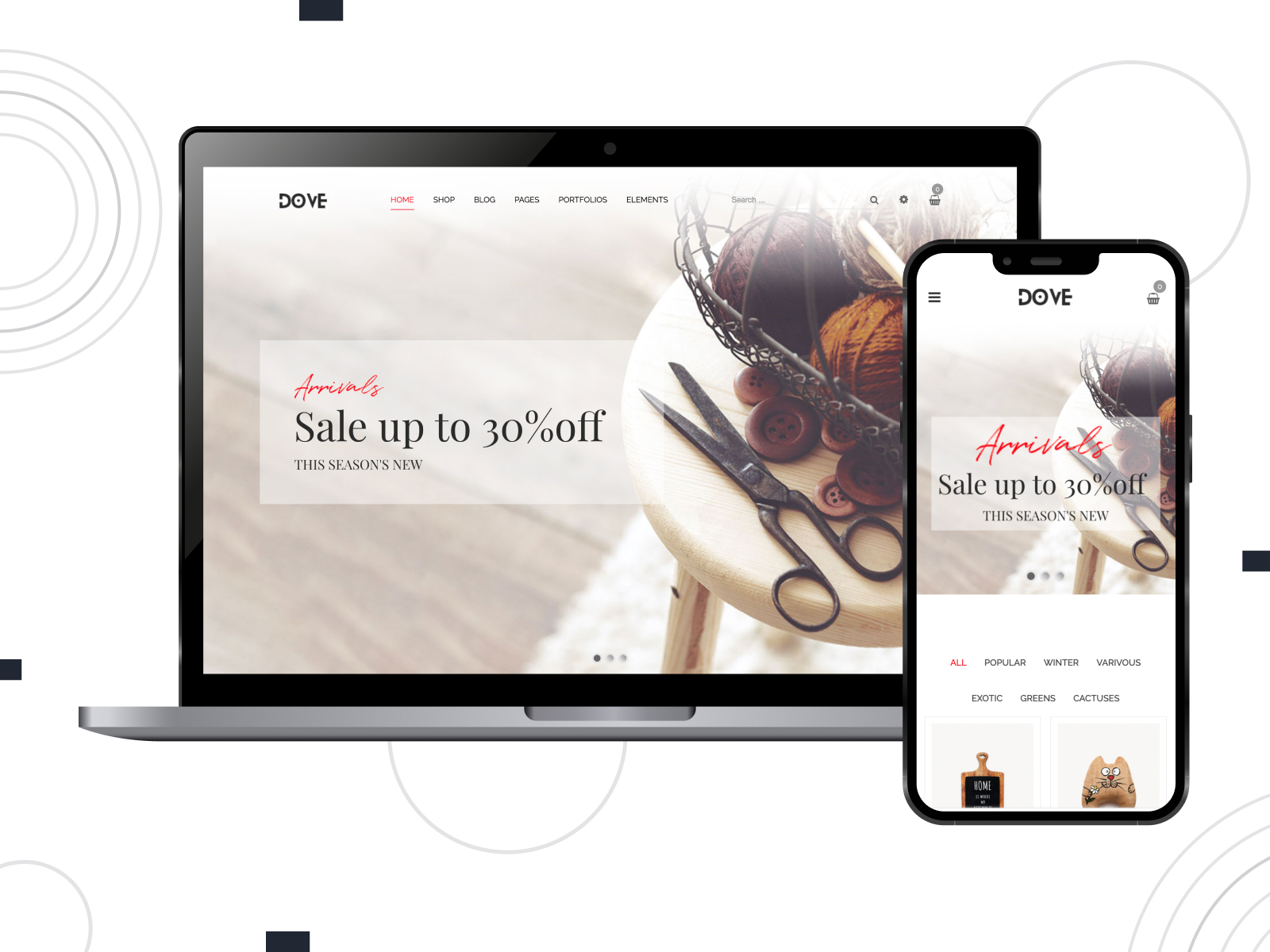 Graphic of Dove, a modern WordPress theme for handmade stores with an included page builder in firebrick, white, and black shade combination.