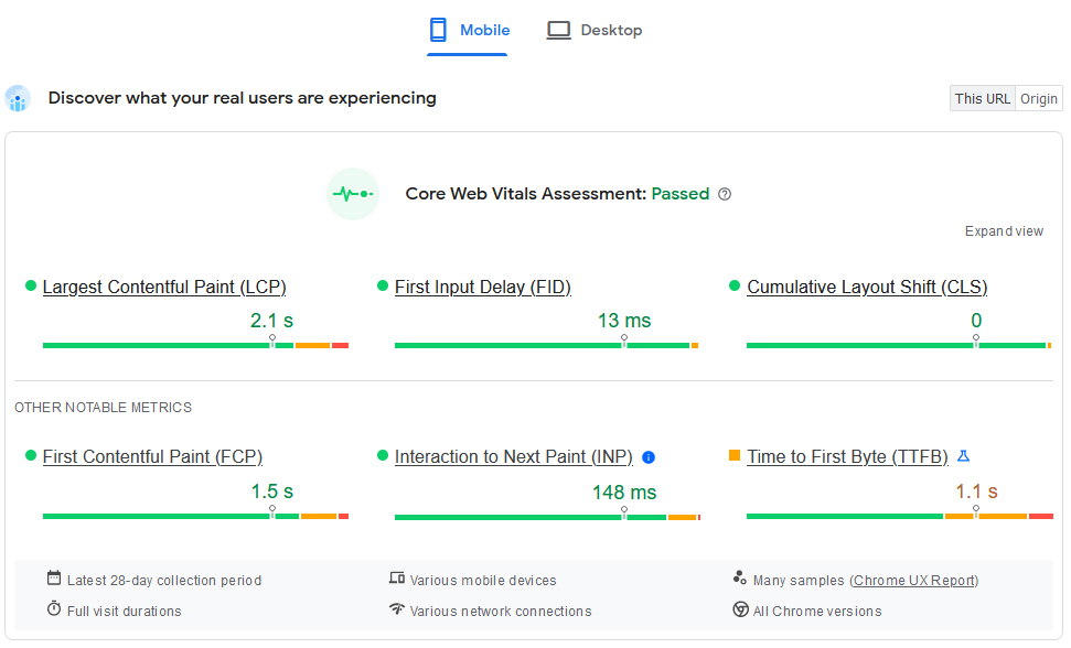 Visual of six popular core web vitals that can be found on the PageSpeed Insights online service.