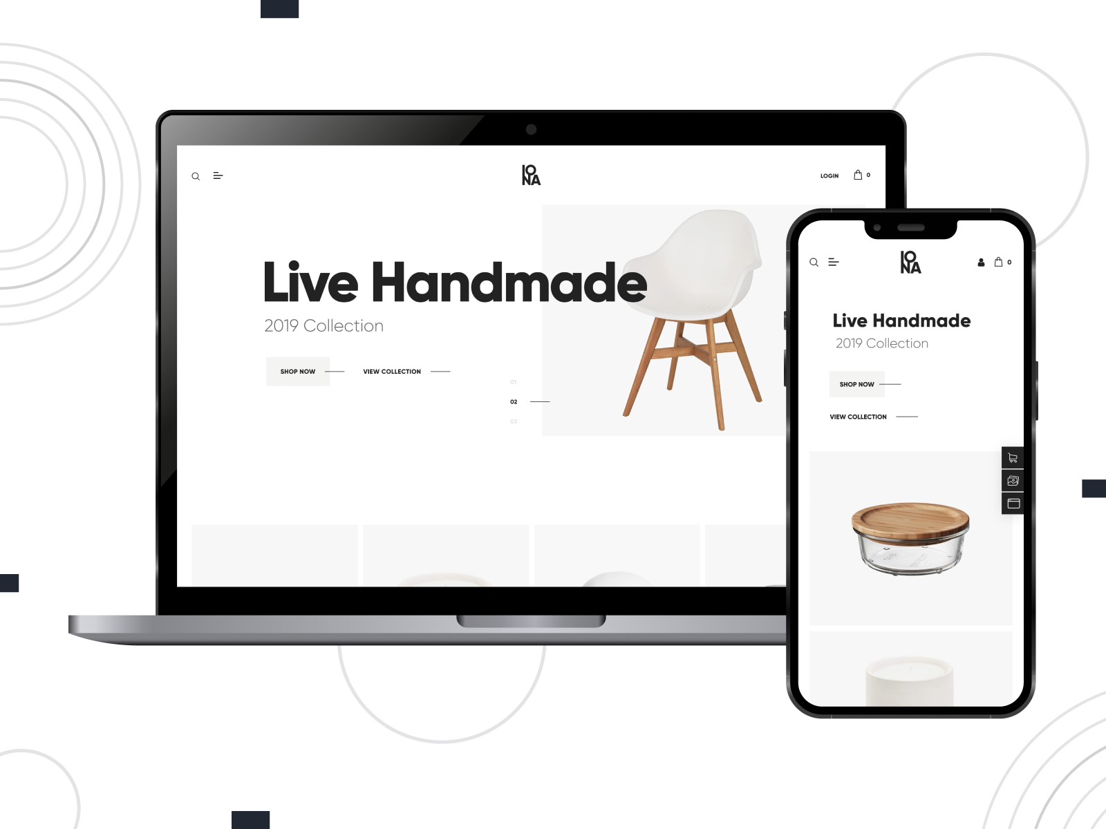 Figure of Iona, a versatile WordPress theme for handmade stores with an AI engine in black, white, and gainsboro palette.