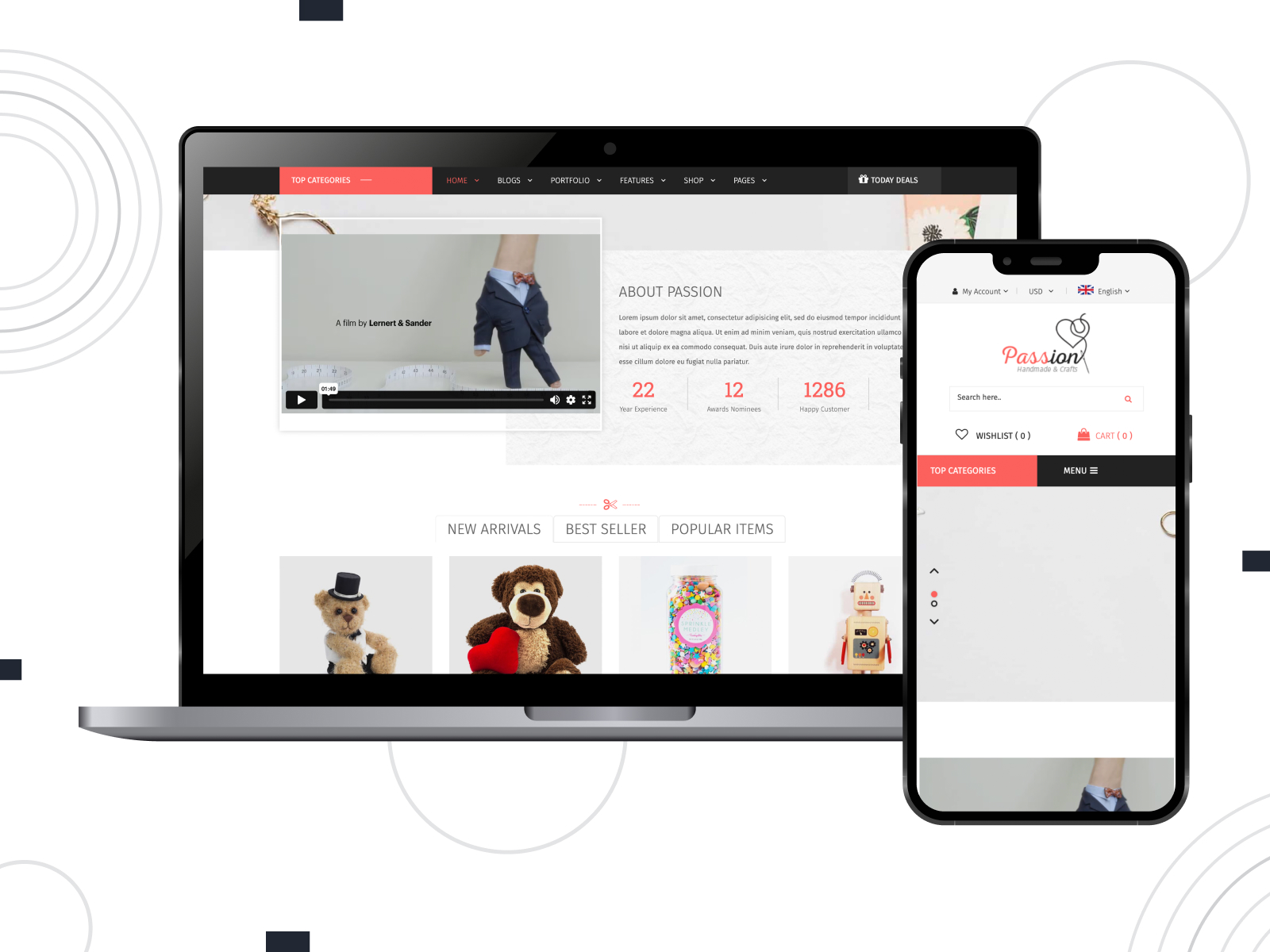 Image of Passion, an aesthetic WordPress theme for handmade stores with a product filtering system in white, black, and coral palette.