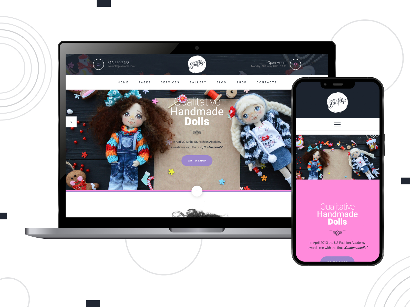 Graphic of Craftly, a secure WordPress theme for handmade stores with social integration in blueviolet, white, and black hue arrangement.