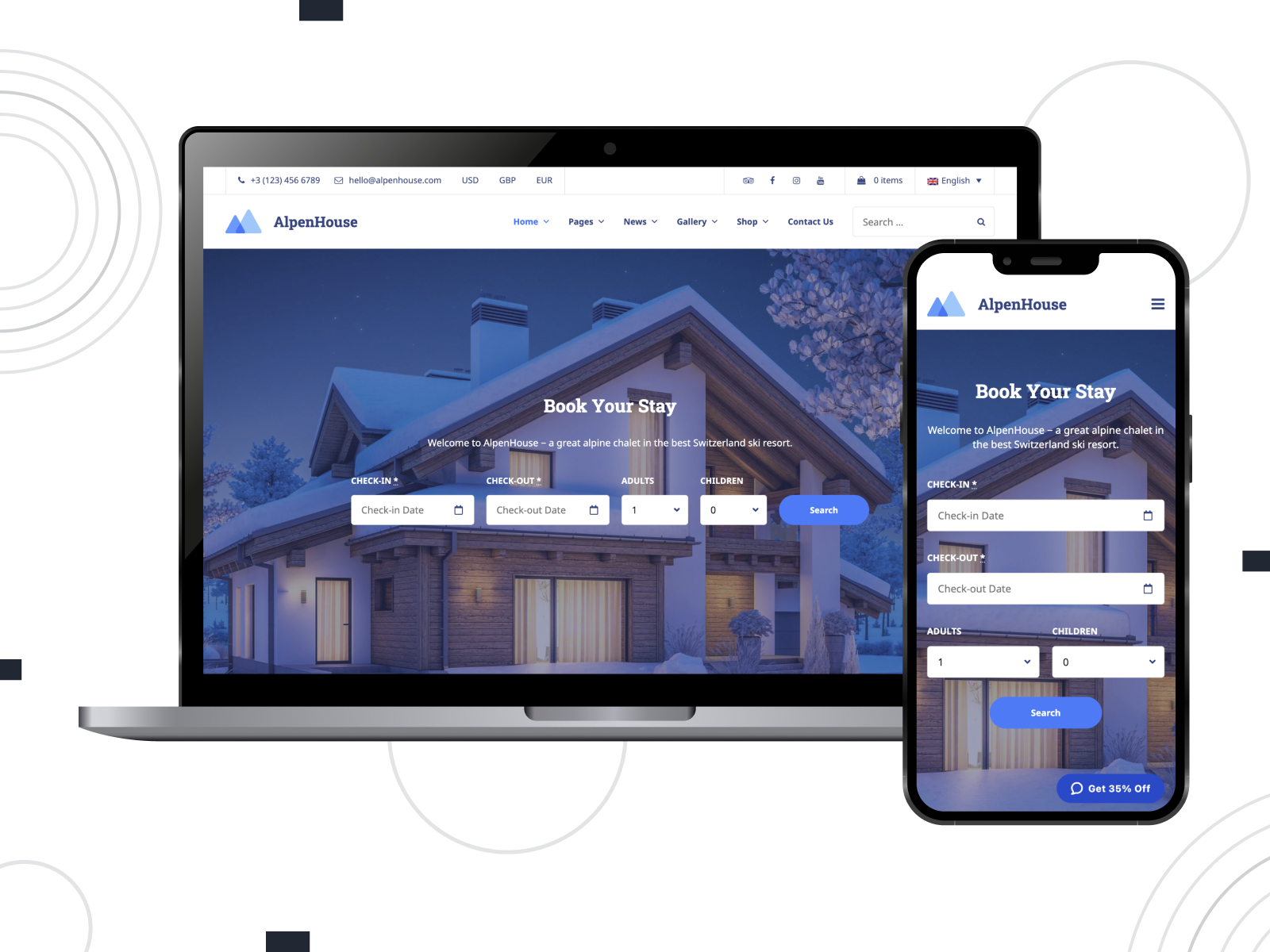Photo of AlpenHouse, a responsive & editable theme for real estate with flexible booking rules & pre-built modules for any purpose in royalblue, steelblue, and white chromatic scheme.
