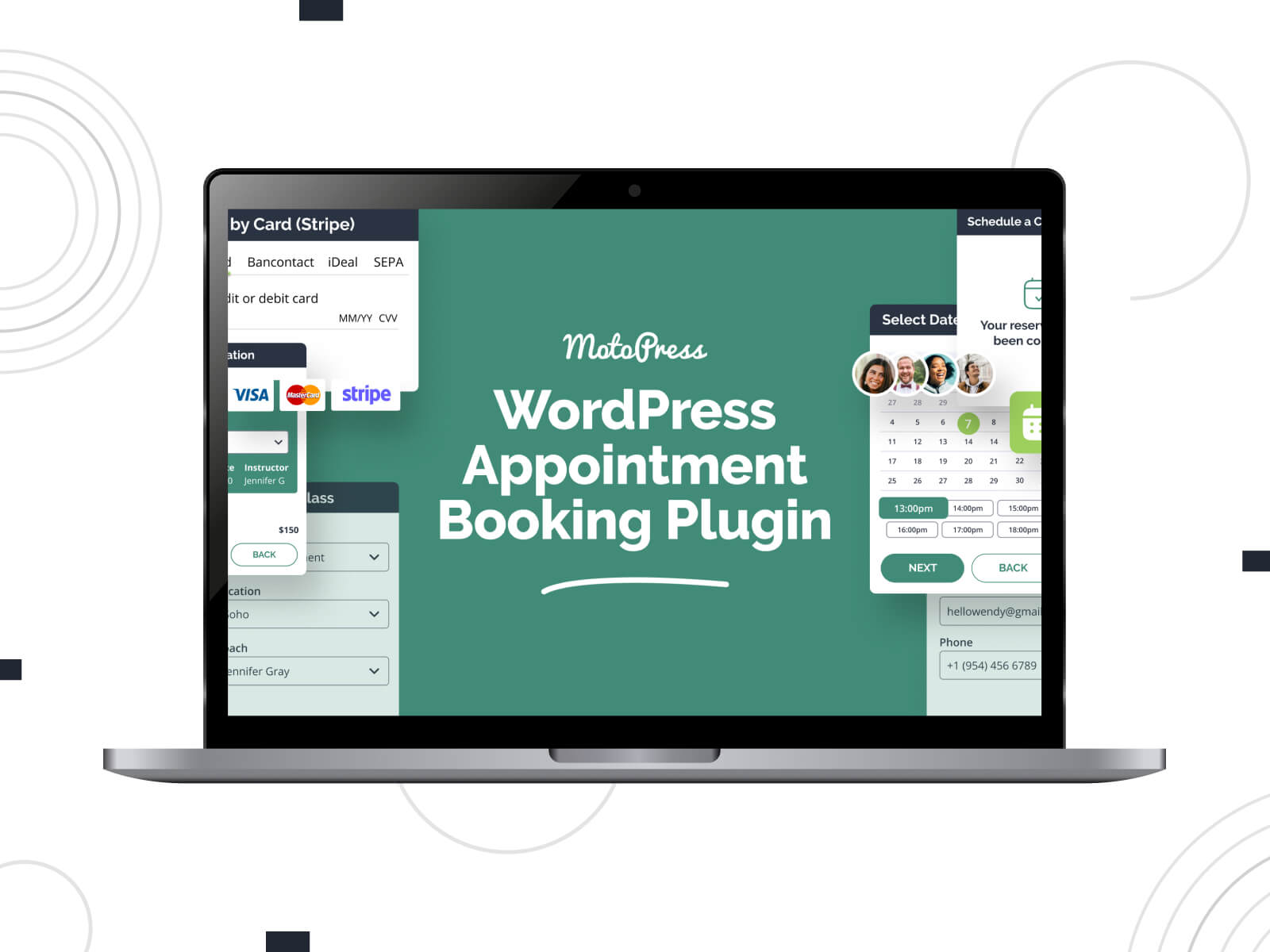 Image of WordPress Appointment Booking Plugin - vibrant salon booking plugin for dynamic and interactive salon websites in sea green, corn flowerblue, and fire brick color array.