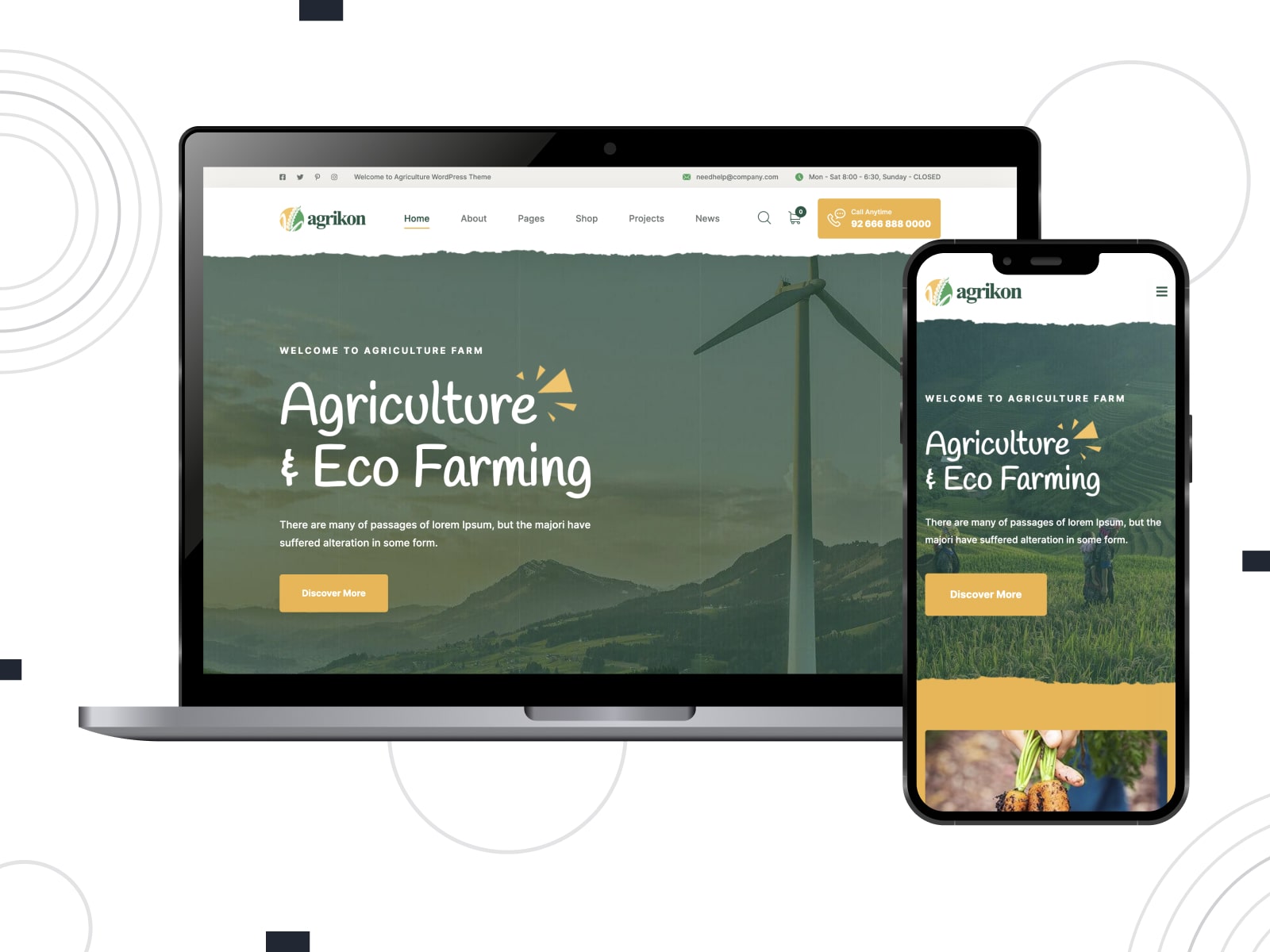Collage of the Agrikon WooCommerce themes for Elementor websites in green, yellow and white colors.