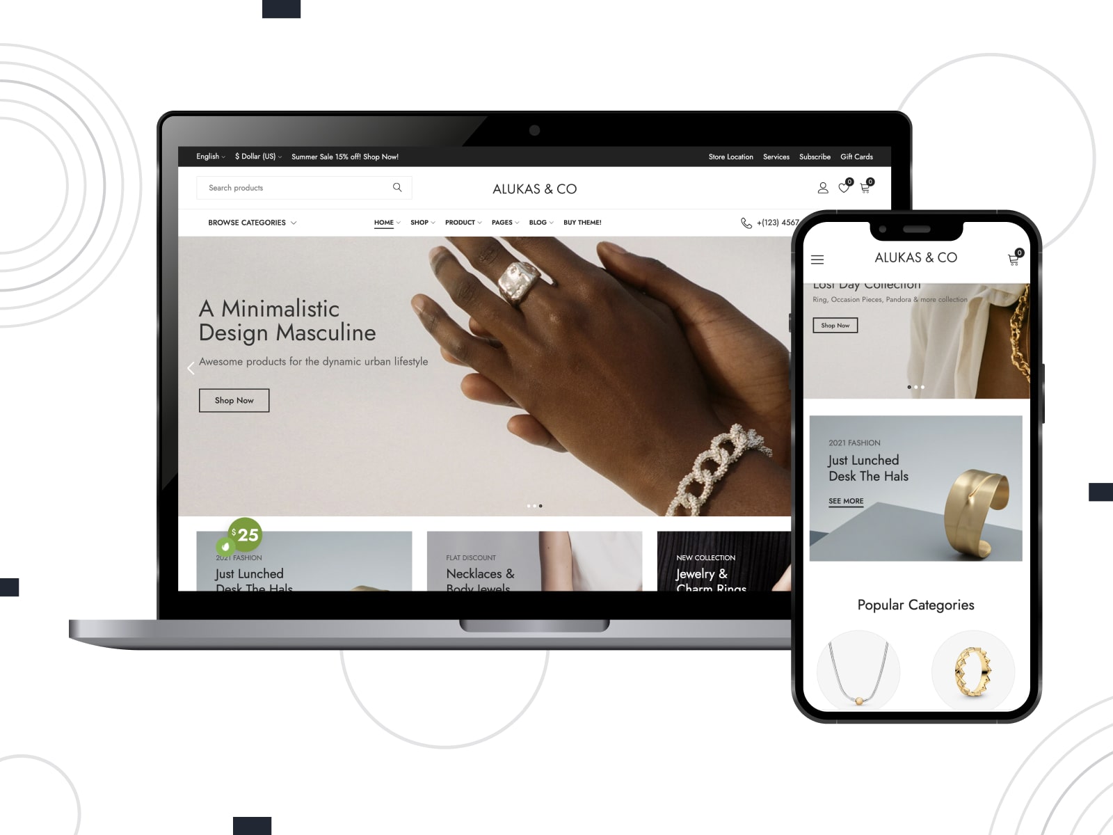 Collage of the Alukas jewelry Elementor template for WooCommerce site on desktop and mobile screens.
