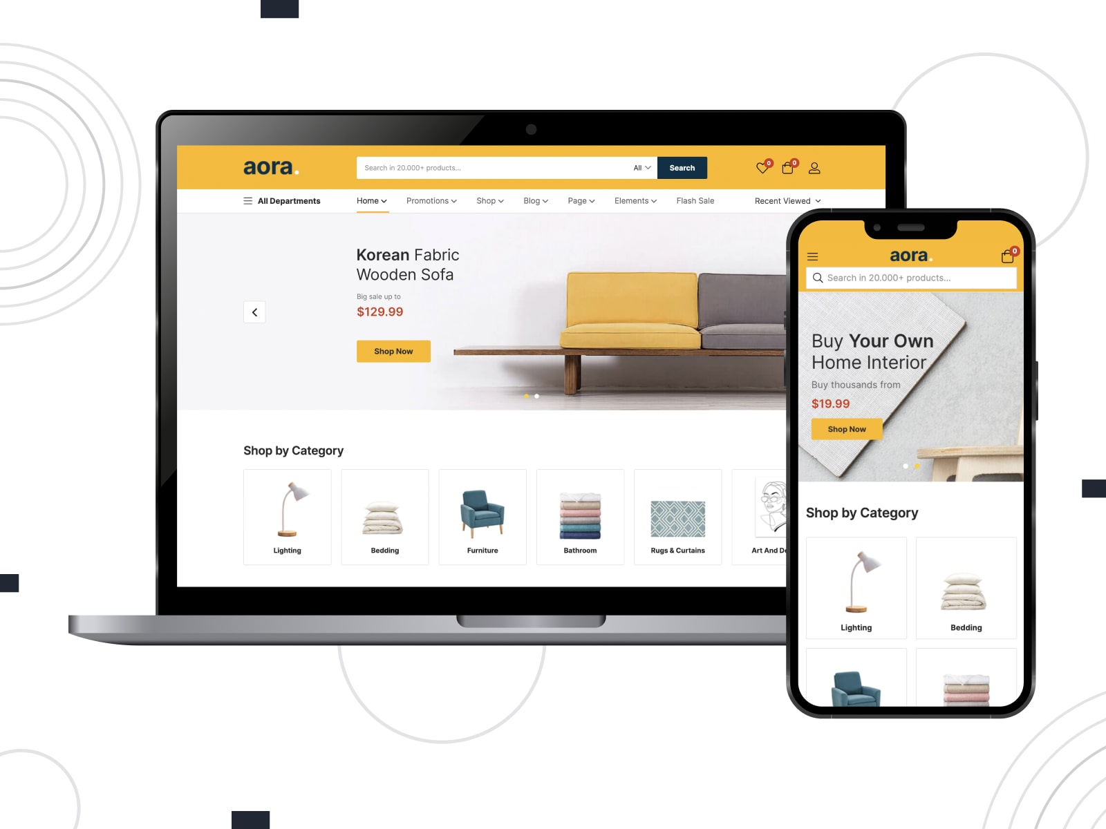 Collage of the Aora theme for WordPress WooCommerce sites in yellow, white and gray colors on mobile and desktop screens.