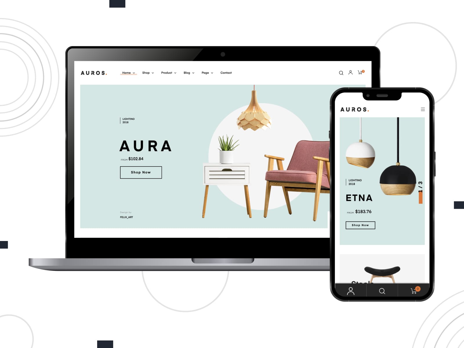 Collage of the Auros theme for Elementor WooCommerce websites in blue and white colors.