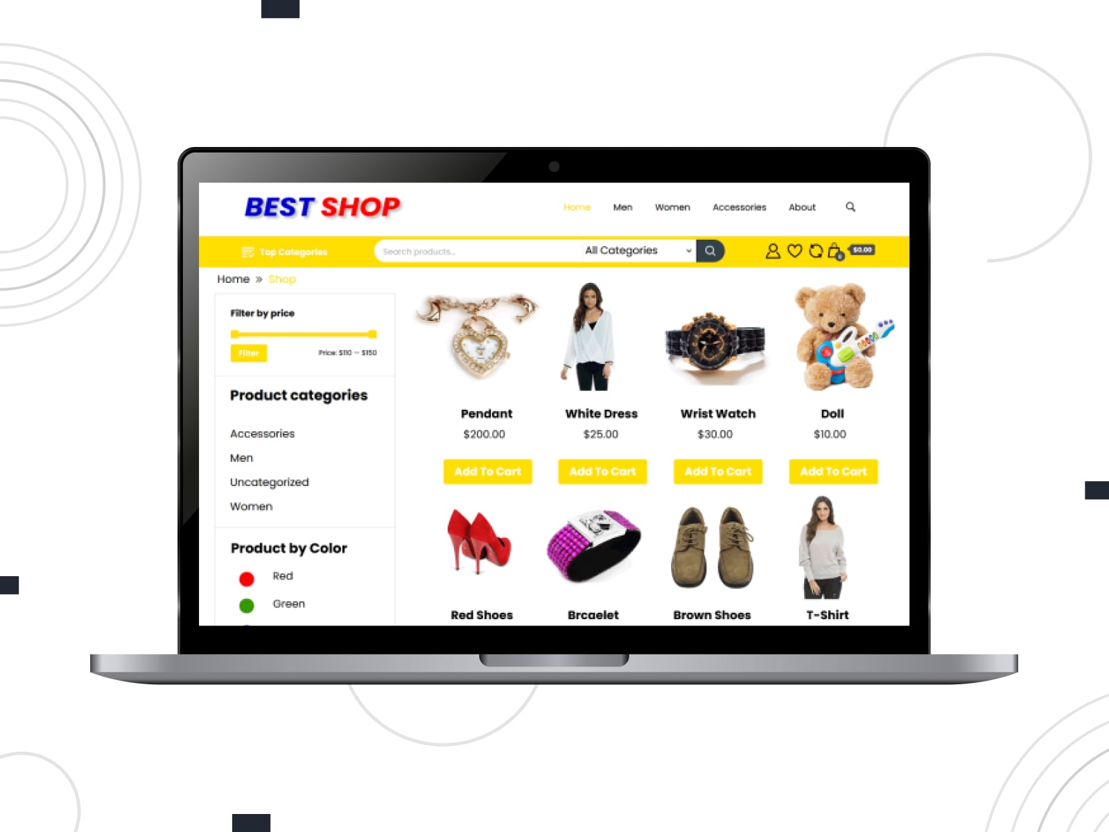 Collage of the free Best Shop WooCommerce Elementor themes in yellow and white colors on the desktop screen.