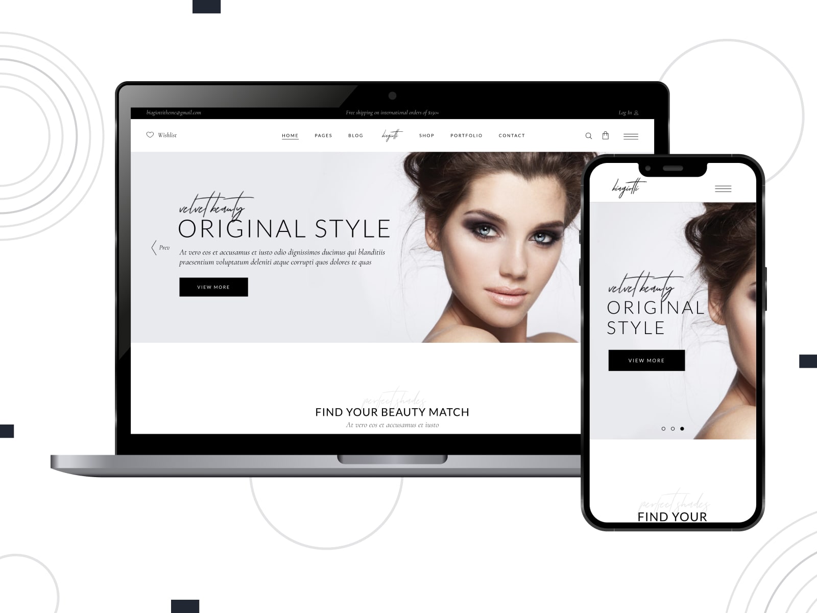 Collage of the Biagiotti Elementor WooCommerce themes for websites in blue, black and white colors.