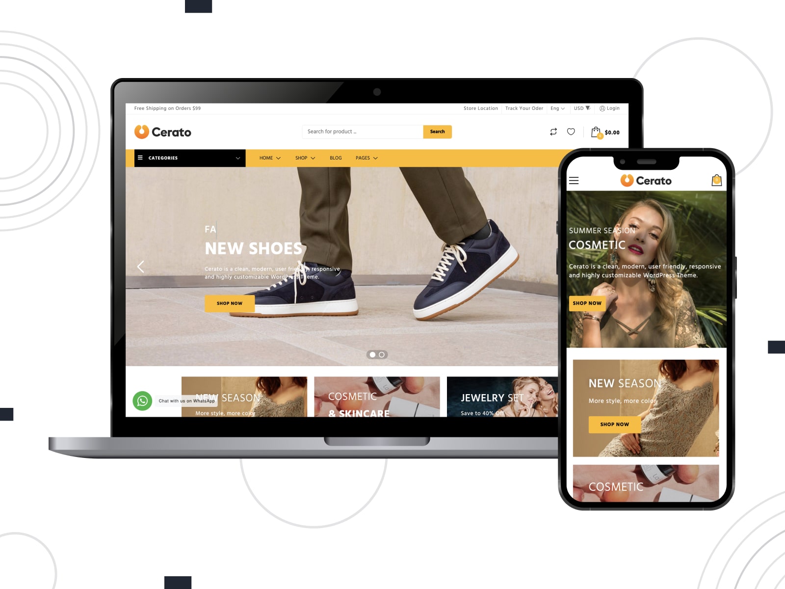 Collage of the Cerato theme for WooCommerce shop Elementor websites in yellow, white and brown colors.