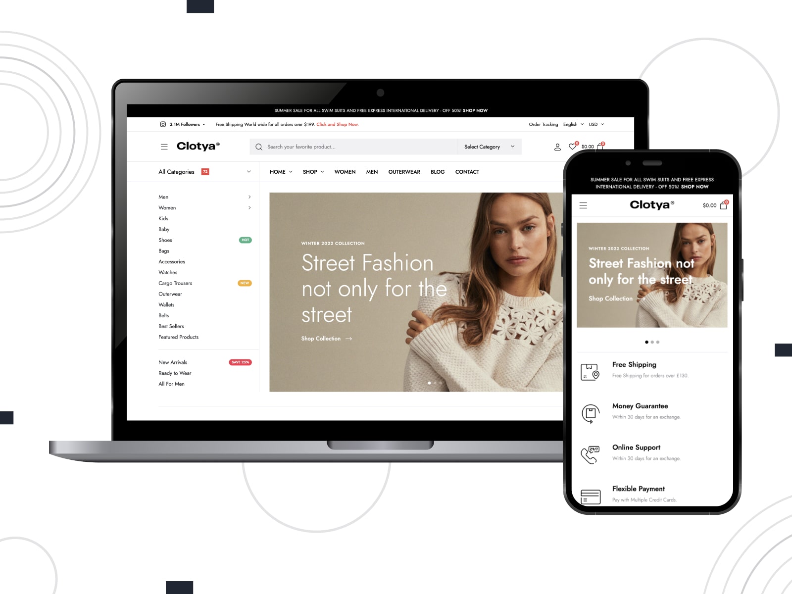 Collage of the Clotya WooCommerce Elementor themes for sites in beige and white colors.