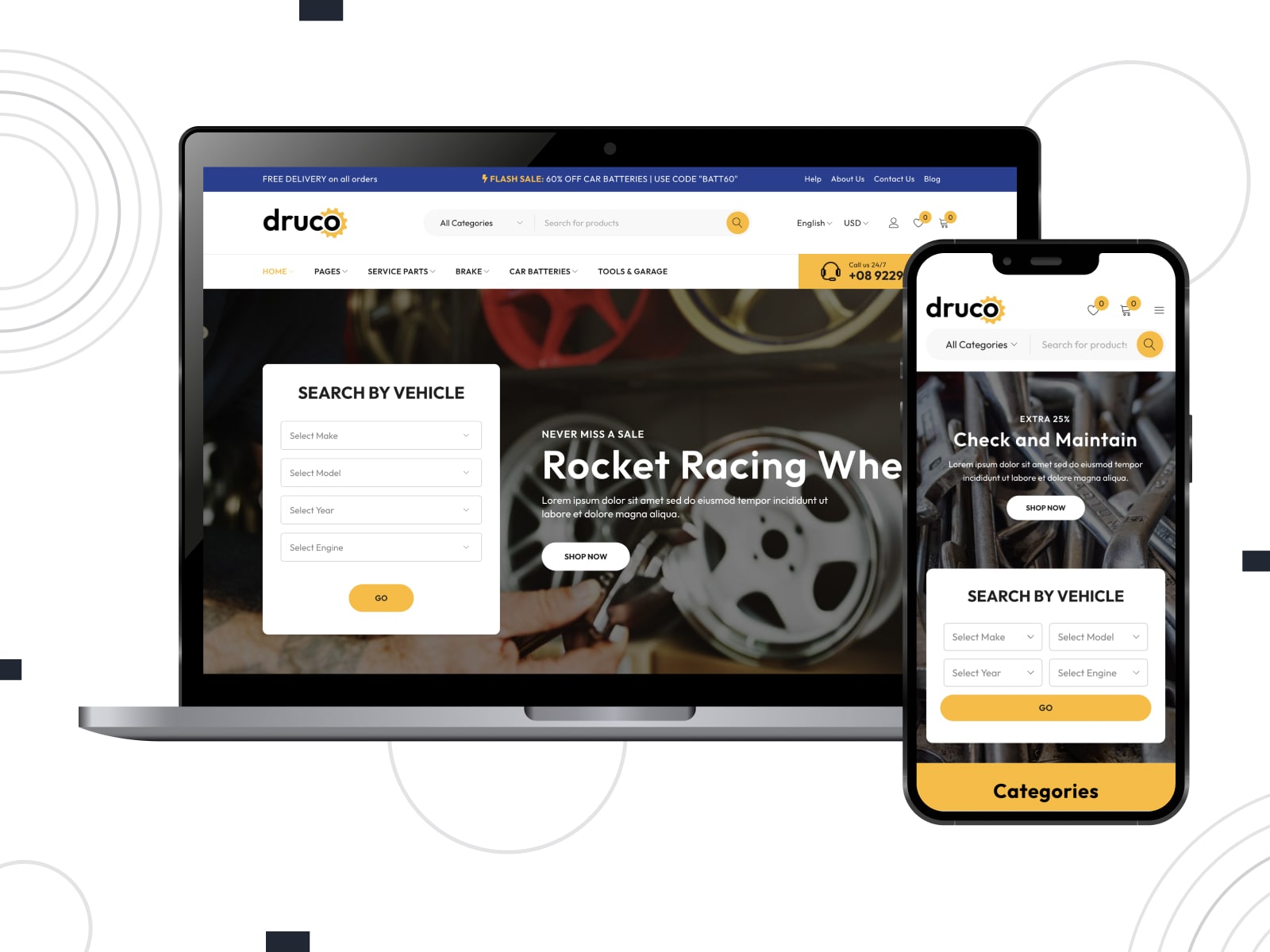 Collage of the Druco WooCommerce theme for Elementor websites in yellow, black and white colors.