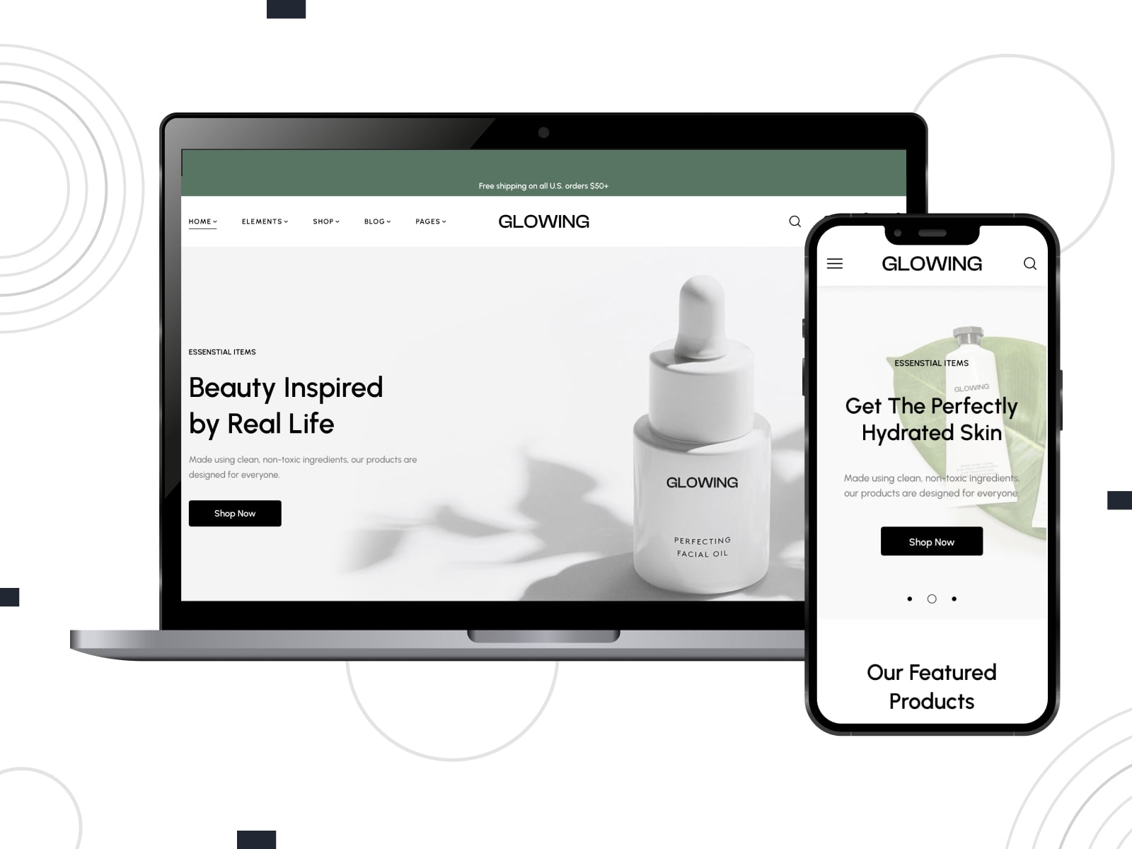Collage of the Glowing Elementor WooCommerce themes for websites in gray, white and black colors on mobile and desktop screens.