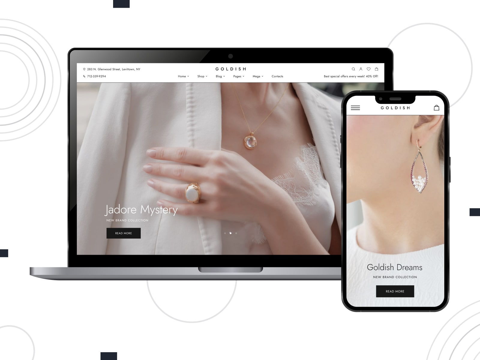 Collage of the Goldish jewelry store WooCommerce Elementor theme on mobile and desktop screens.