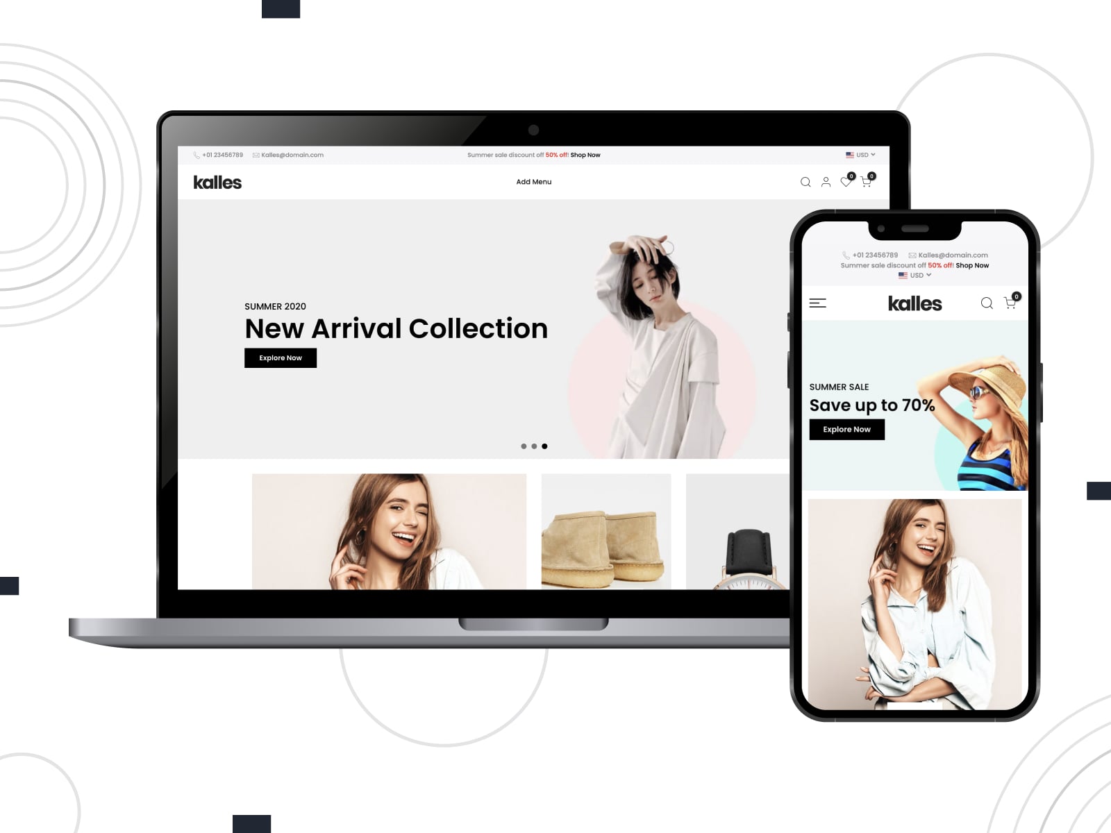 Collage of the Kalles theme for Elemento WooCommerce sites on mobile and desktop screens.