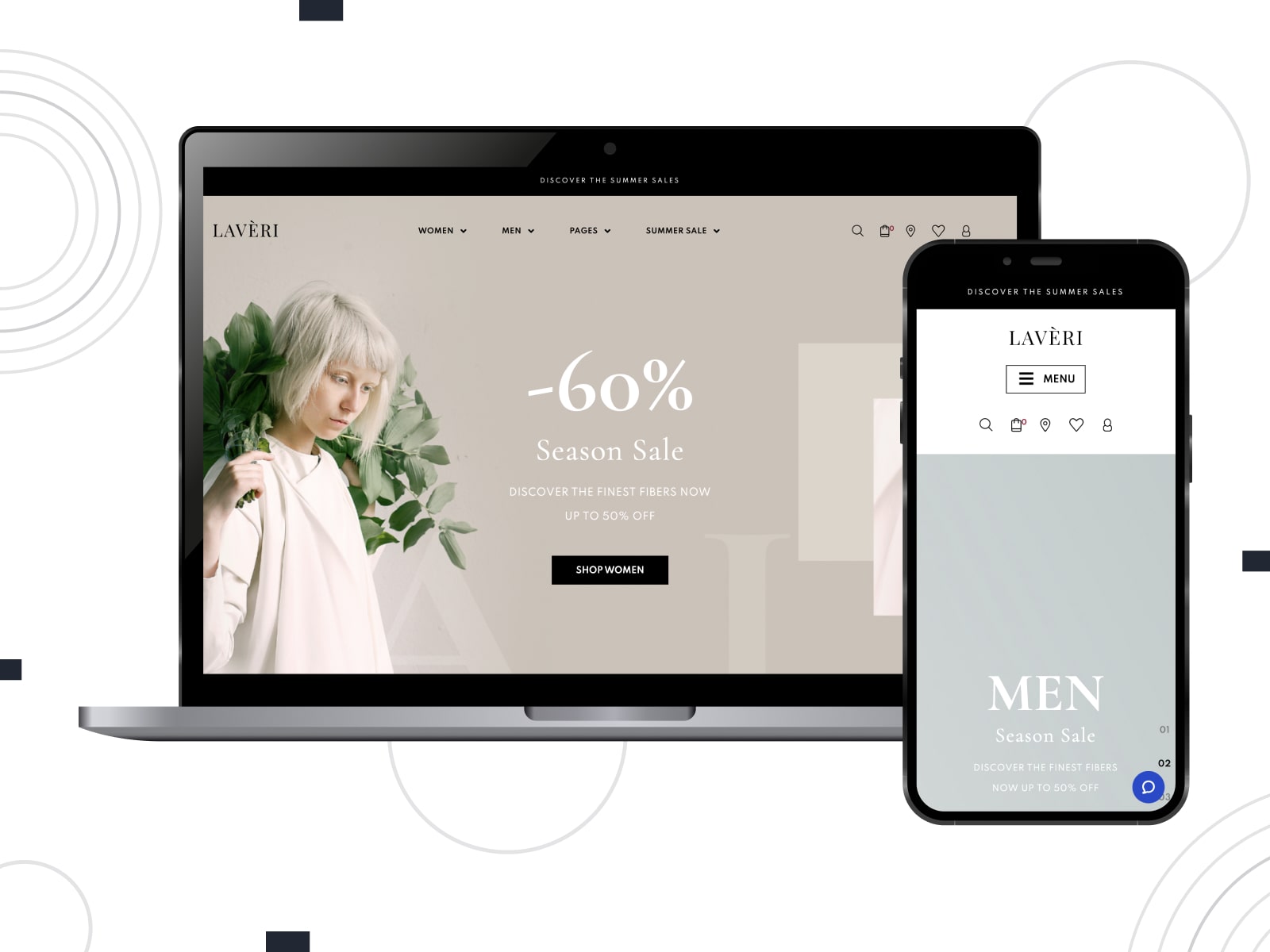 Collage of the Laveri Elementor WooCommerce theme demo page on mobile and desktop screens.