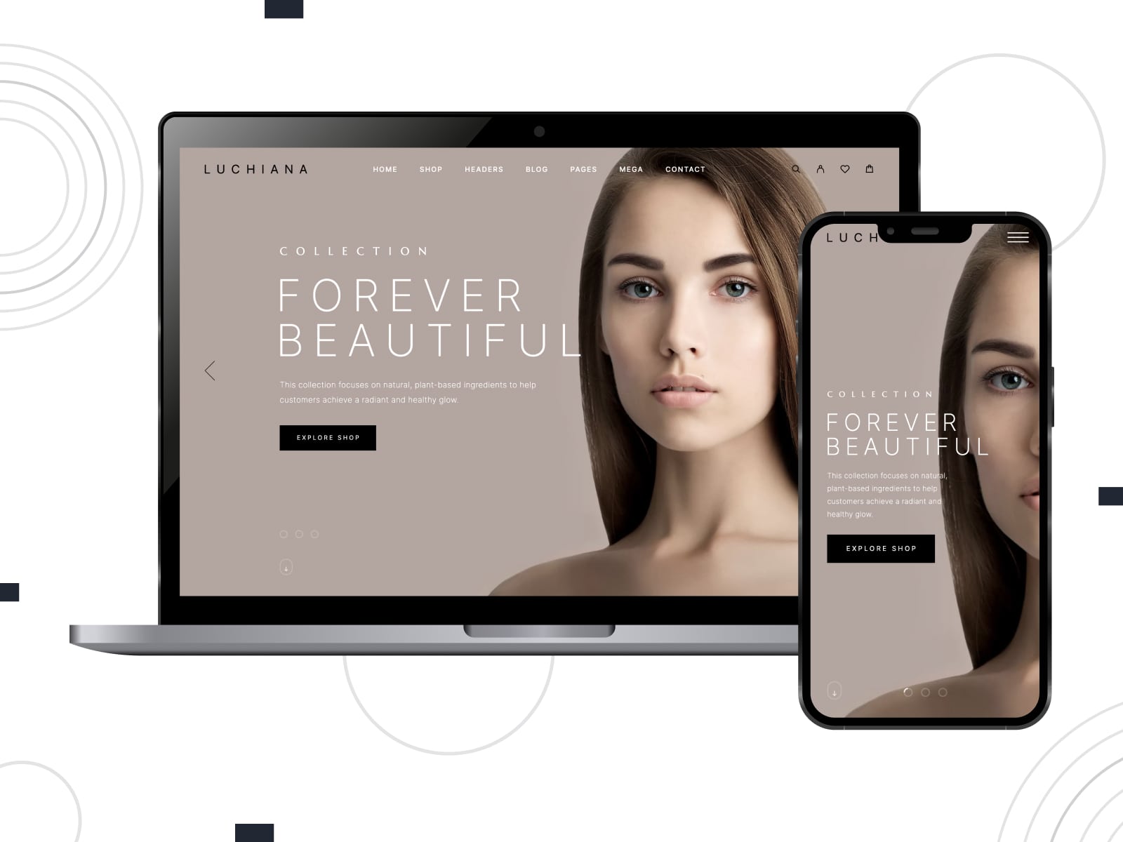 Collage of the Luchiana beauty and cosmetics shop WooCommerce Elementor theme demo on mobile and desktop screens.