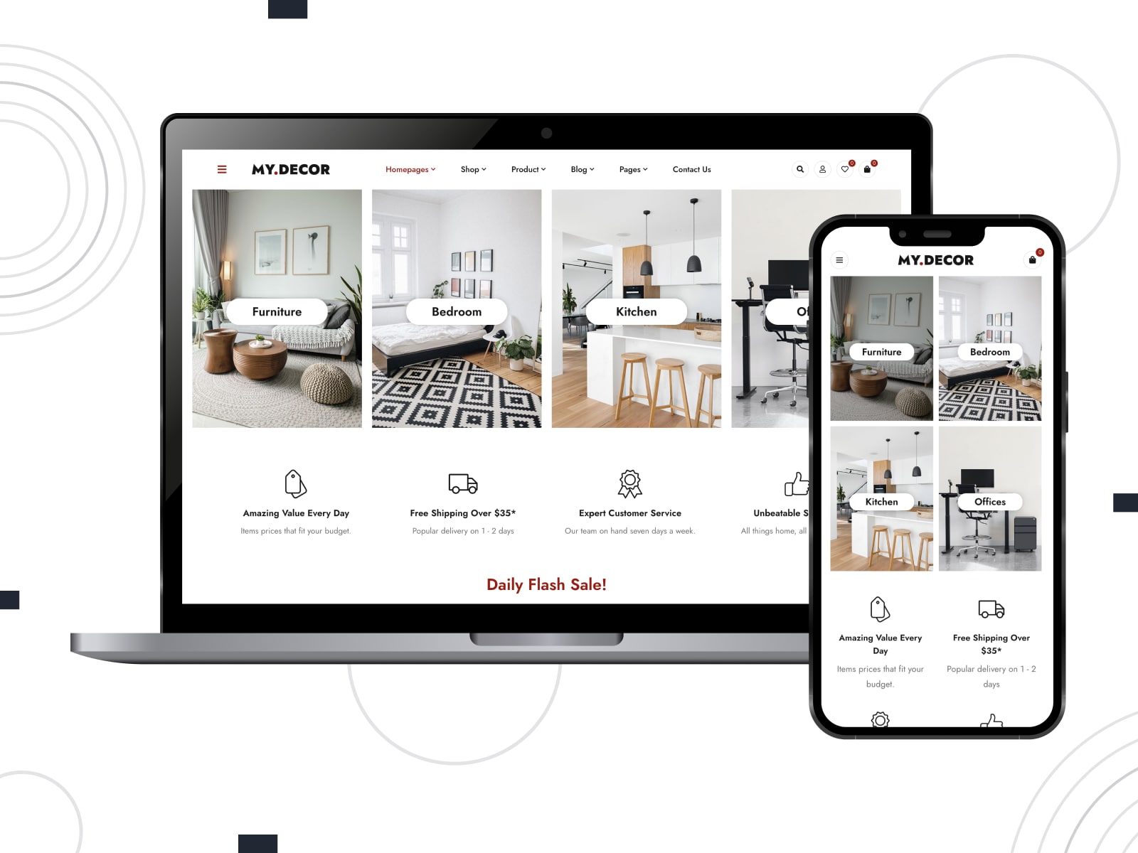 Collage of the MyDecor WooCommerce Elementor theme demo for furniture store websites in white and gray colors.