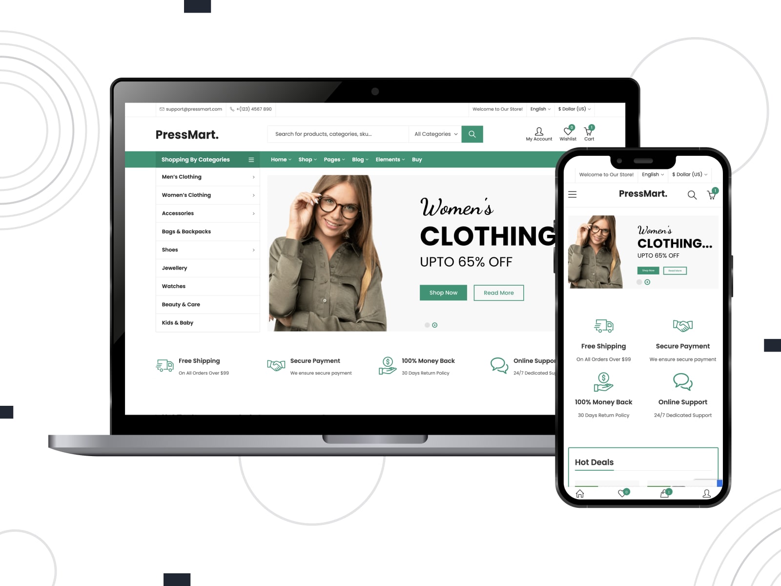 Collage of the PressMart Elementor WooCommerce theme demo in white, black and green colors.