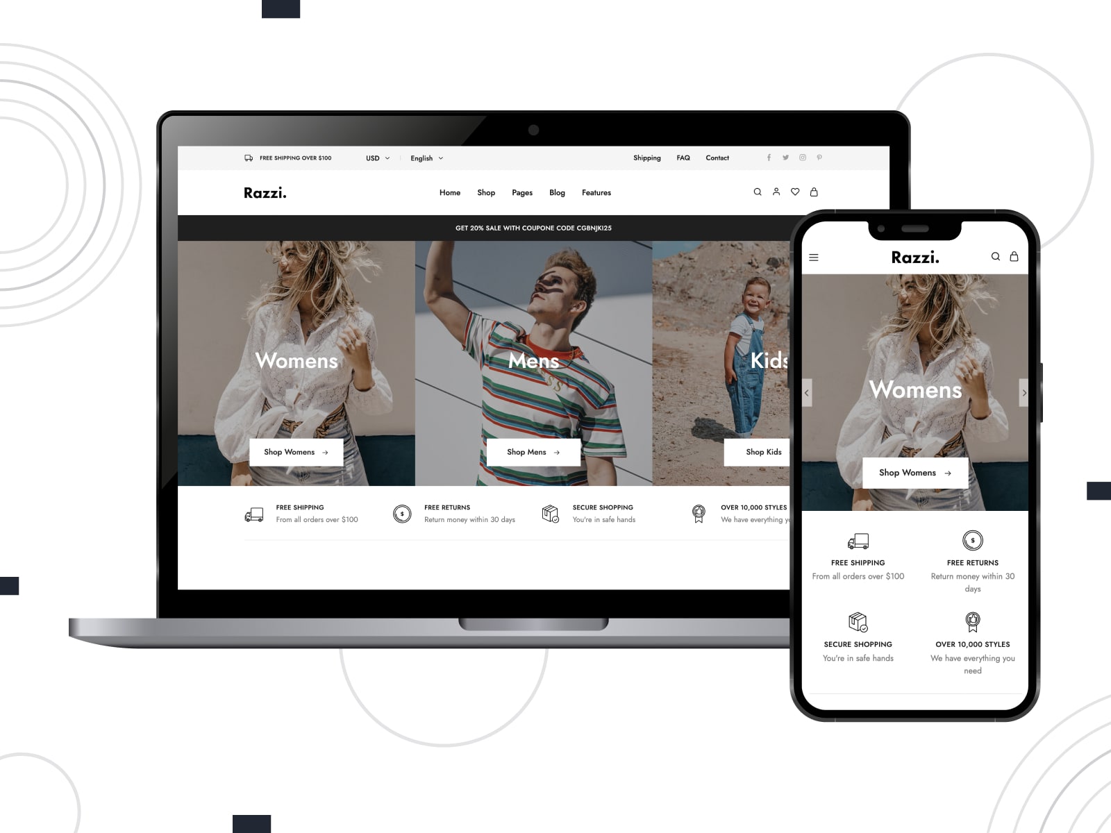 Collage of the Razzi theme for WooCommerce sites in white, brown and beige colors on desktop and mobile screens.