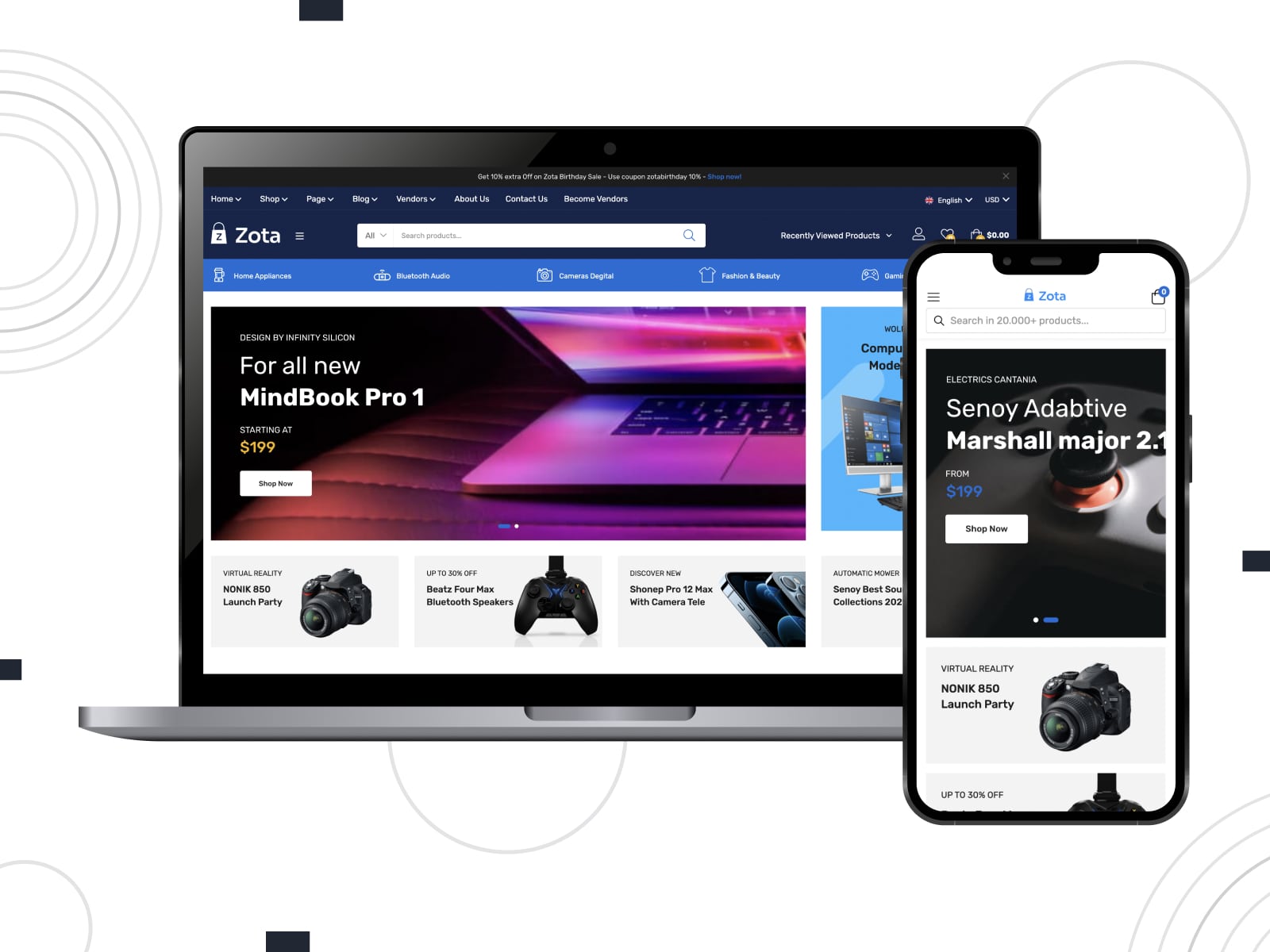 Collage of the Zota Elementor WooCommerce template for store websites in the dark mode.