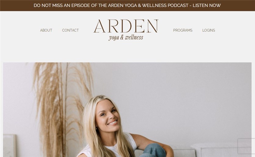 Screenshot of the Arden Yoga website homepage examples in brown, beige and white colors.