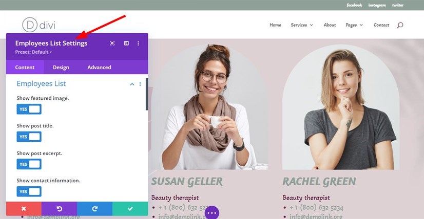 Employee list settings in Divi appointment plugin.