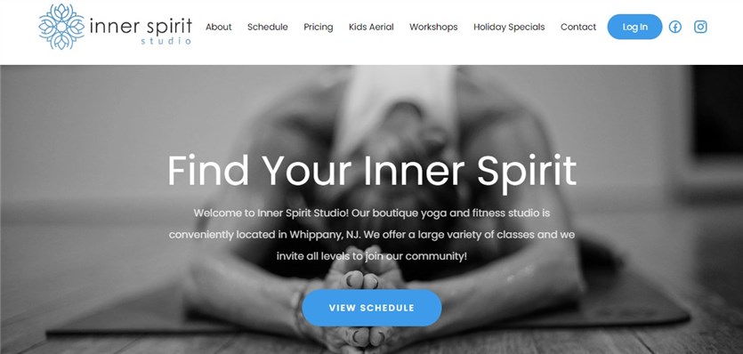 Screenshot of the Inner Spirit Studio homepage as one of the best yoga website examples.