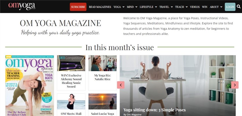 Screenshot of the OM Yoga Magazine website examples homepage.