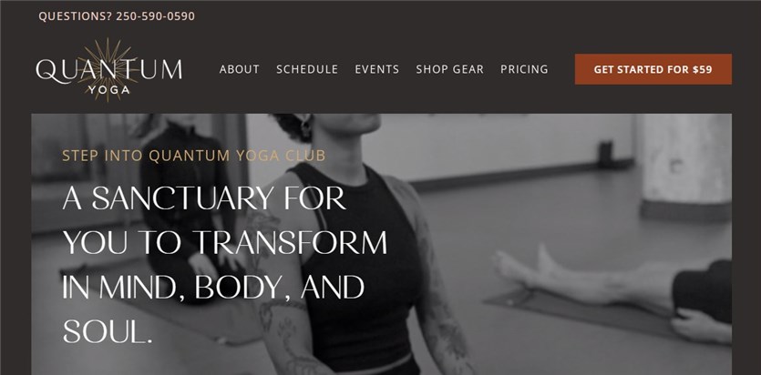 Screenshot of the Quantum Yoga Club website examples homepage in black, gray and white colors.