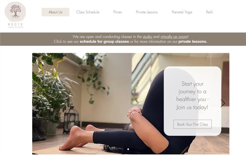 Screenshot of the Roots Yoga Studio website examples homepage in beige and white colors.