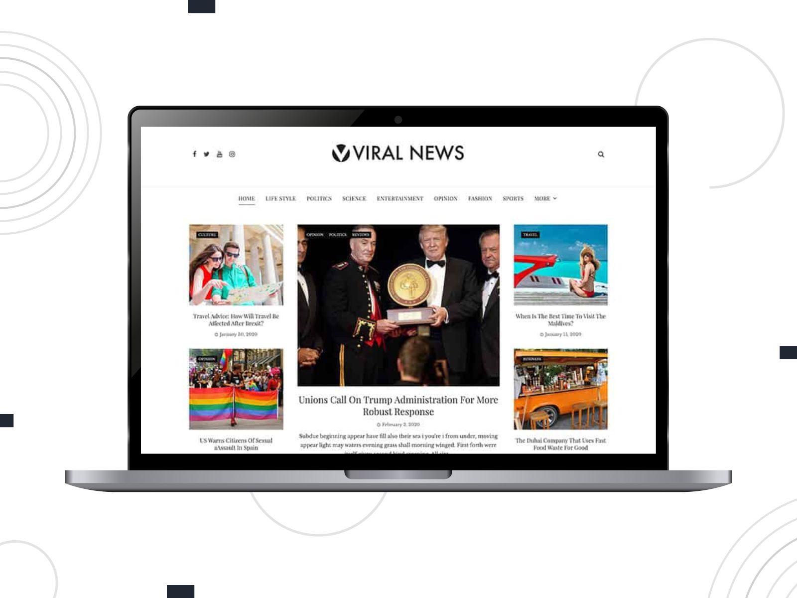 Collage of the Viral News magazine WordPress theme on the desktop screen.