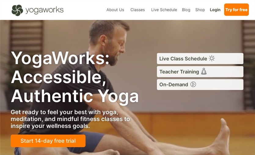 Screenshot of the YogaWorks yoga website examples in ornage, beige and white colors.