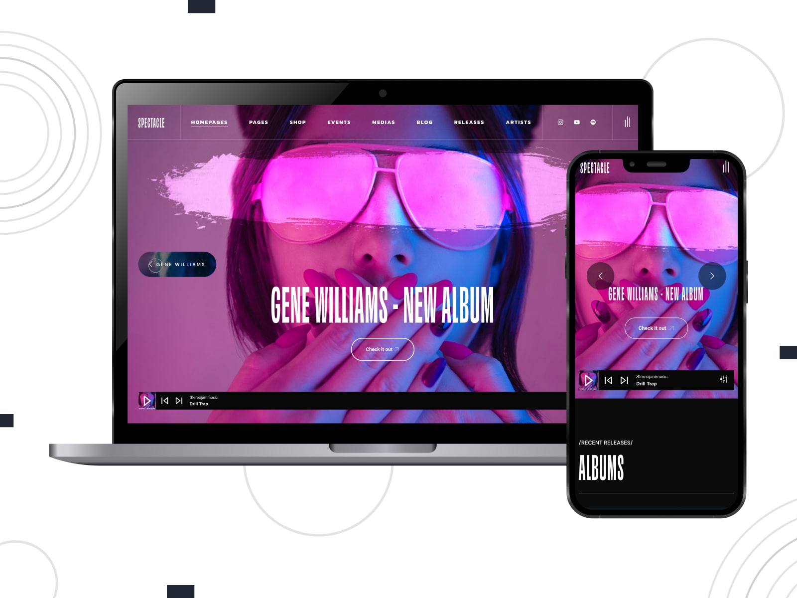 Visual of Spectacle, a modern music WordPress theme with responsive design.