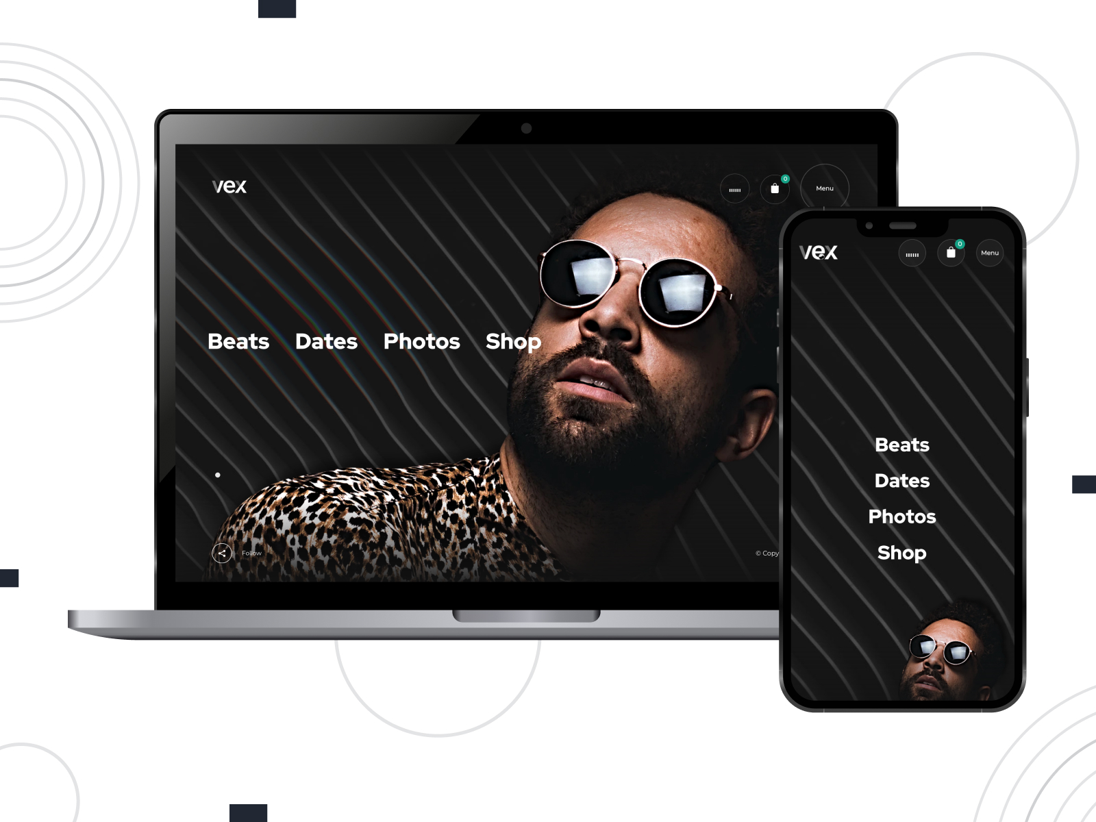 Illustration of Vex, one of the best music WordPress themes for musicians with 3 custom post types.